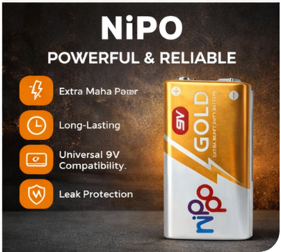 "Pack of 5" NiPO 9V GOLD DC Battery | Extra Heavy Duty | Long Lasting Power | For Multimeter, Toys & Alarm