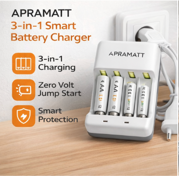 APRAMATT 3-in-1 Smart Battery Charger | Zero Volt Jump Start | Compatible with AA, AAA & Rechargeable Batteries